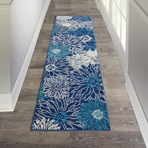 Passion Navy/Ivory 2 ft. x 10 ft. Floral Contemporary Kitchen Runner Area Rug