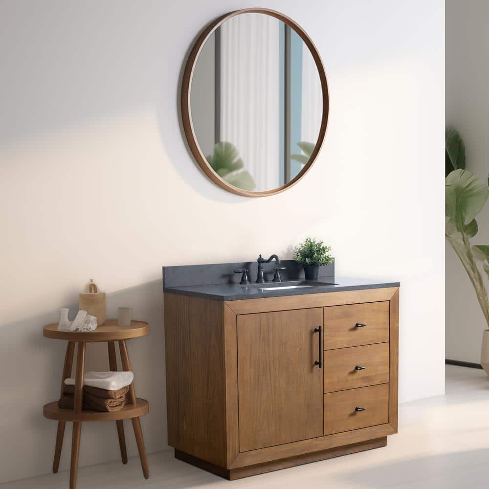Tan 42" Single Bathroom Vanity with Black Limestone Top