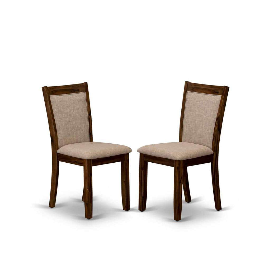 Antique Walnut Round Dining Table Set with Light Tan Linen Chairs
