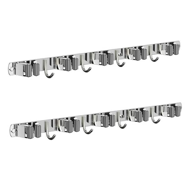 5-Racks and 4-Hooks Wall Mount Mop and Broom Holder for Kitchen Garden Room Wall Decor and Storage, Silver