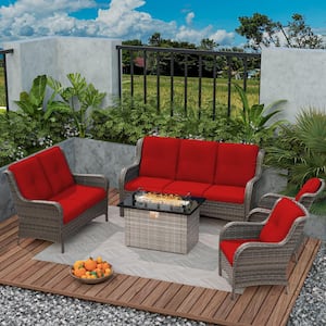 5-Piece Wicker Outdoor Patio Conversation Set with Red Cushions and Rectangular Fire Pit Table