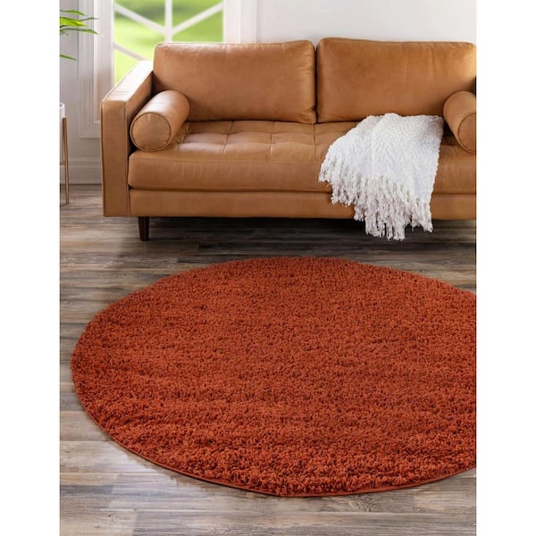 Solid Shag Collection Area Rug (7 ft. 10 in. Round Terracotta)