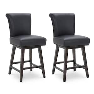 Dennis 26 in. Black High Back Solid Wood Frame Swivel Counter Height Bar Stool with Faux Leather Seat(Set of 2)