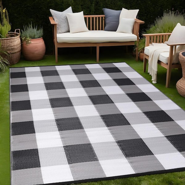 9 X 12 Gray White Lightweight Buffalo Reversible Plastic Indoor Outdoor Area Rug