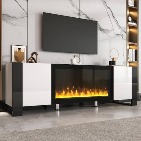 68 in. White TV Stand TV Cabinet Console with 34.2" Non-heating Electric Fireplace Fits TV's Up to 78 in.