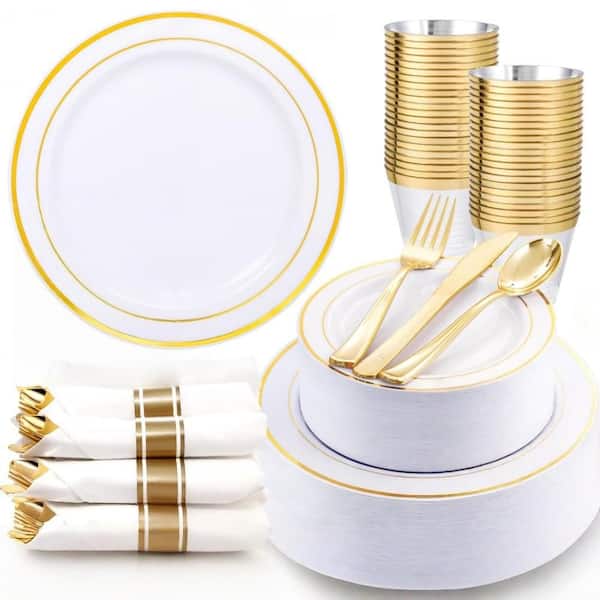 350-Piece Plastic Dinnerware Set for 50 Guests with Plates, Rolled Napkins and Silverware, Disposable, White and Gold
