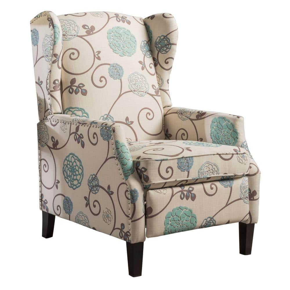 Handcrafted White Floral Polyester Recliner with Wingback Design
