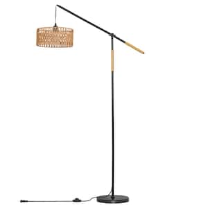 68 in. 1-Light Black Modern Adjustable Swing Arm LED Floor Lamp with Rattan Drum Shade and foot switch for Living Room