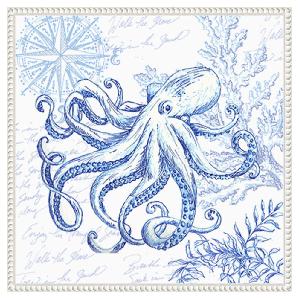 Blue Coastal Octopus Sketch Framed Canvas Wall Art