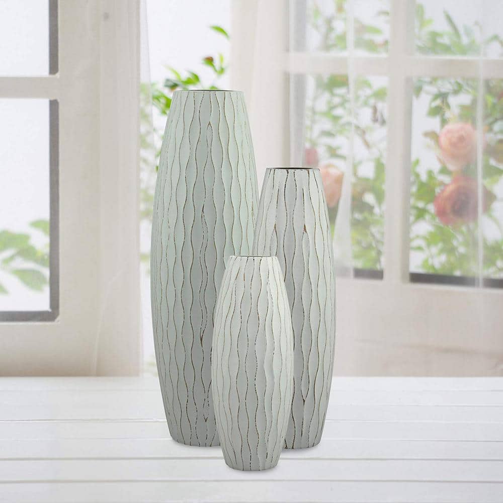 Pale Ocean Blue Wave Textured Wood Vase, 15.7"