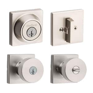 660 Square Satin Nickel Single Cylinder Deadbolt with Pismo Square Satin Nickel Keyed Entry Door Knob Combo Pack