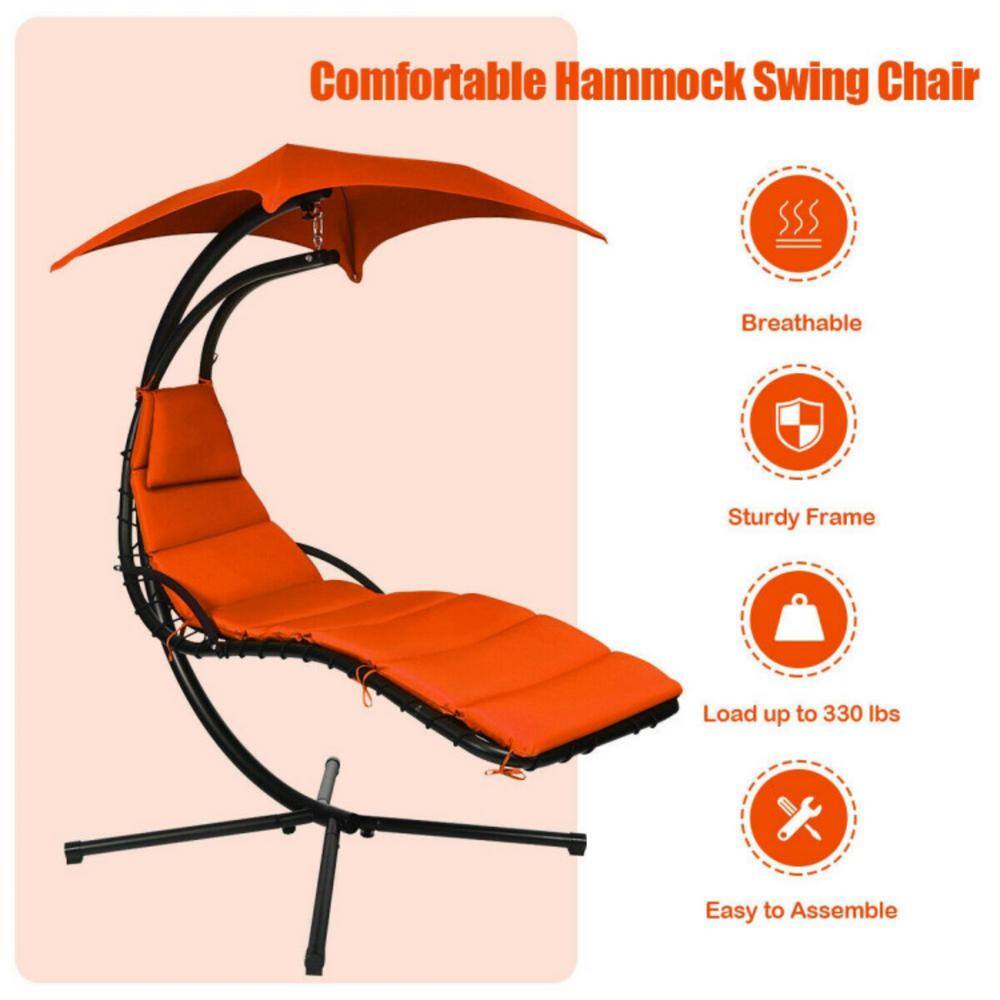 Orange Hanging Chaise Lounge Chair with Cushions and Canopy