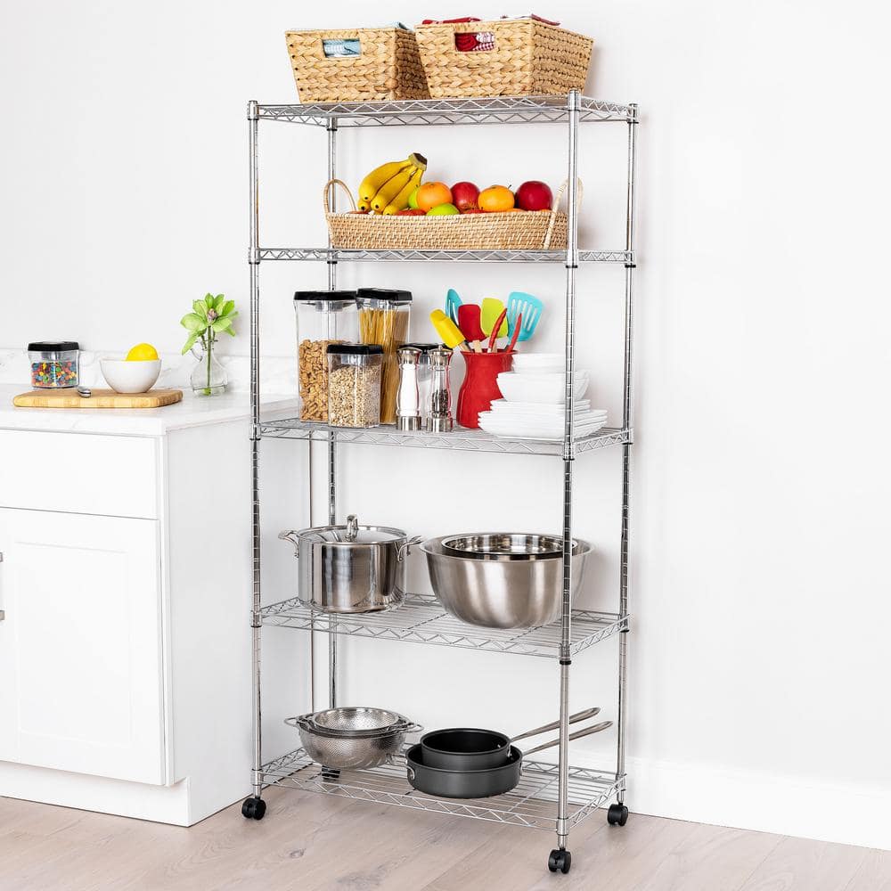 Seville Classics Chrome 5-Tier Steel Wire Shelving Unit with Wheels, 30"W x 61.5"H