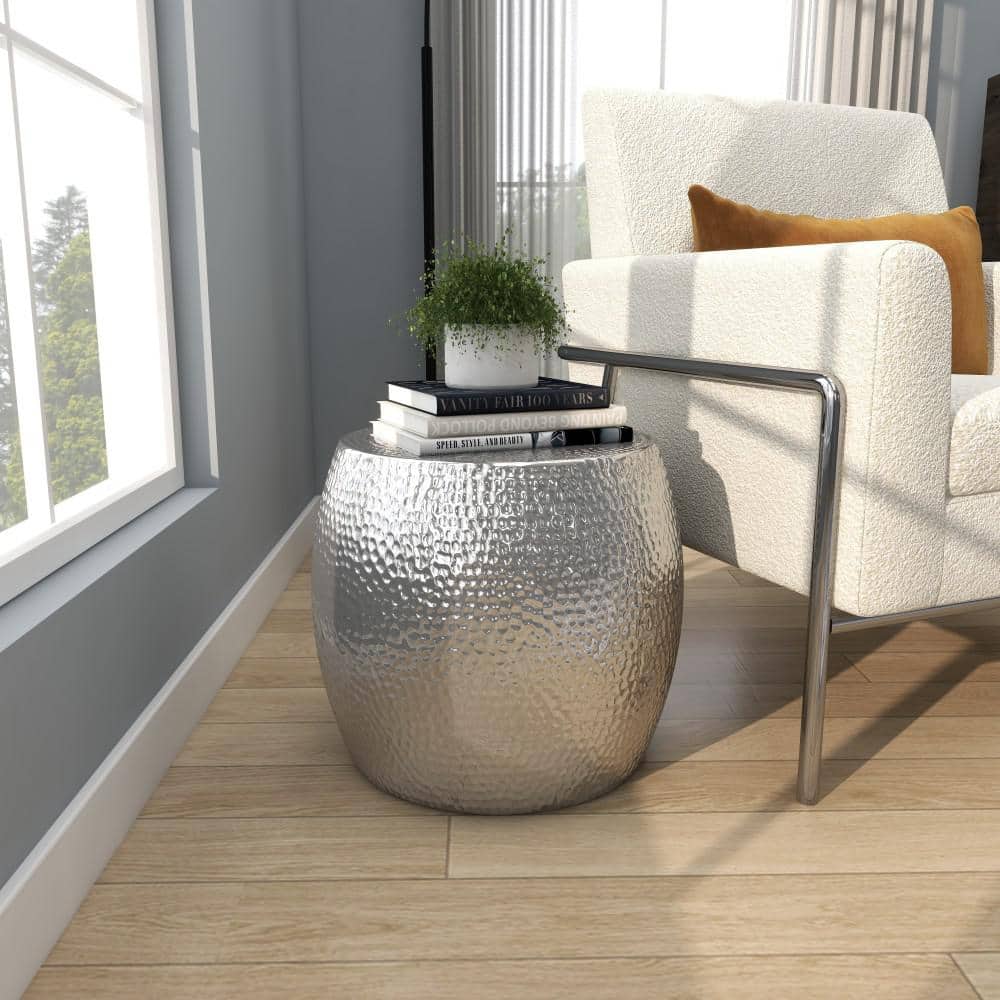 Elegant Round Hammered Silver Metal Accent Table