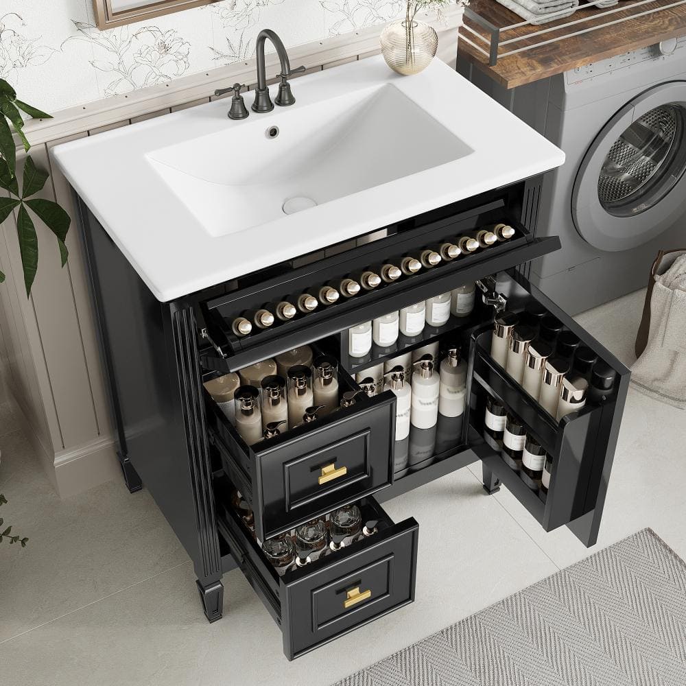 "30"" Black Vanity Sink,1 Flip+2 Drawers,Adjustable Shelf,Wood & MDF" price history on PriceWatchPro