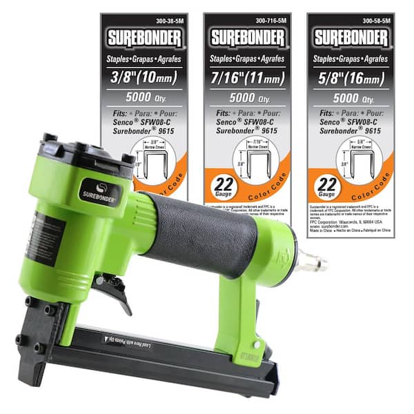 Surebonder Pneumatic Upholstery Stapler with 22-Gauge Upholstery Staples (3/8 in., 7/16 in. and 5/8 in.)