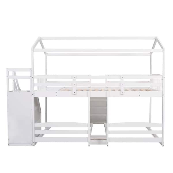 Z-joyee Wood White Twin Bunk Bed with Slide and Storage Staircase, Built-in Drawer and Shelf