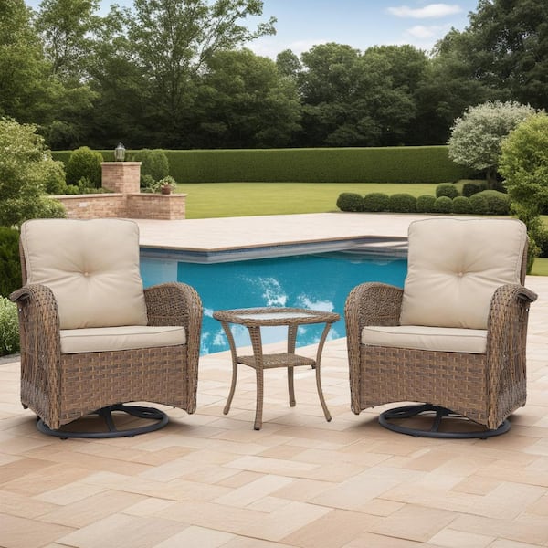 Maypex 3-Piece Wicker Outdoor Conversation Chat Set Seating Group W/ Swivel and Glider Chairs, Glass Top Side Table,Light Brown
