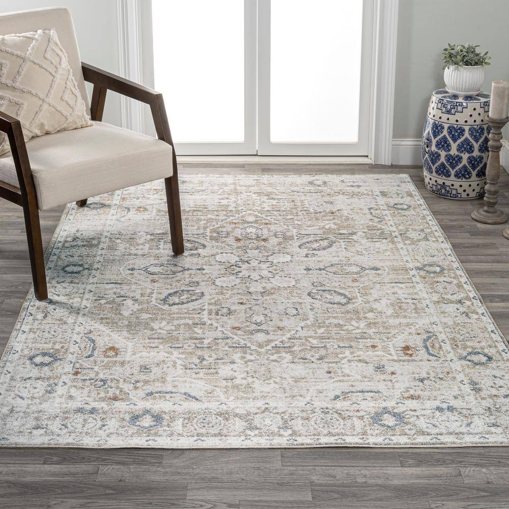 Light Gray and Brown Medallion Washable Synthetic Area Rug 4' x 6'