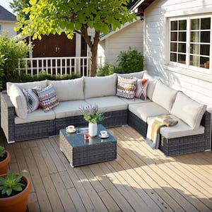 Gemini 7-Piece Wicker Outdoor Sectional Set with Beige Cushions