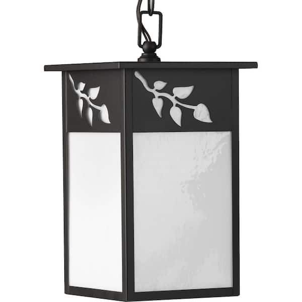 Progress Lighting Trellis Collection 1-Light Antique Bronze White Art Glass Craftsman Outdoor Hanging Lantern Light