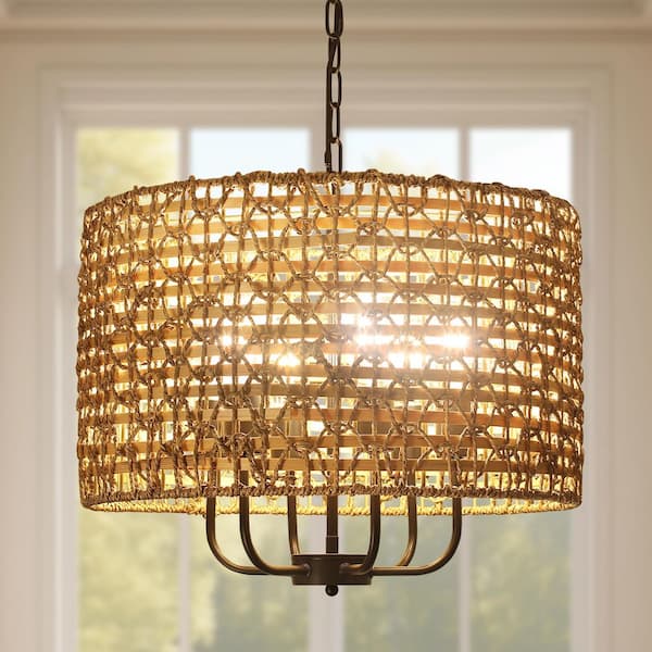 6-Light Black/Natural Farmhouse Candle Pendant Light with Bohemian Wicker Hand-woven Rattan Shade