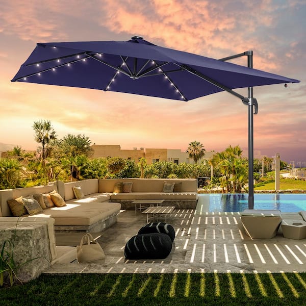 JOYESERY 9 ft. x 9 ft. Outdoor Square Cantilever LED Patio Umbrella - 240 g Solution-Dyed Fabric, Aluminum Frame in Navy Blue