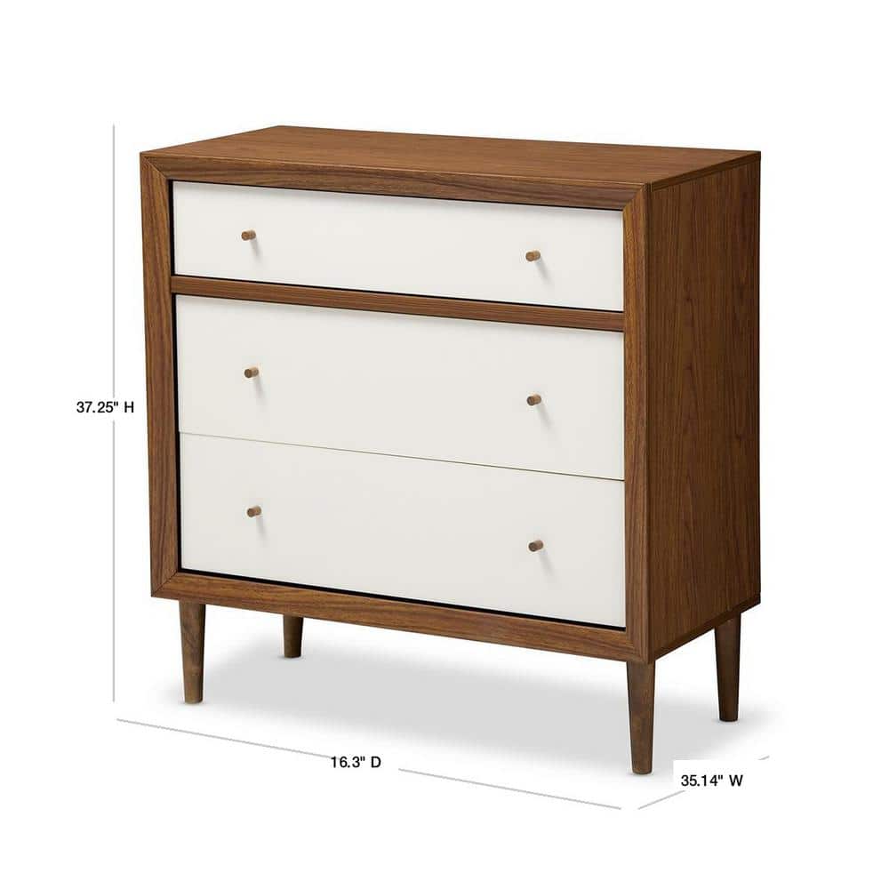 Harlow White and Walnut Mid-Century Modern 3-Drawer Chest
