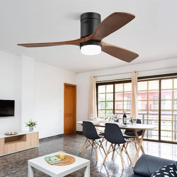 52 in.Indoor/Outdoor Flush Mount Black LED Ceiling Fan with 3-Reversible Wood Blades, 6-Speed DC Remote Control