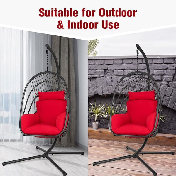 Costway 3.6 ft. Free Standing Hanging Folding Egg Chair Hammock with Stand Soft Cushion Pillow Swing Red A1Q2 10N3S1RE The Home Depot