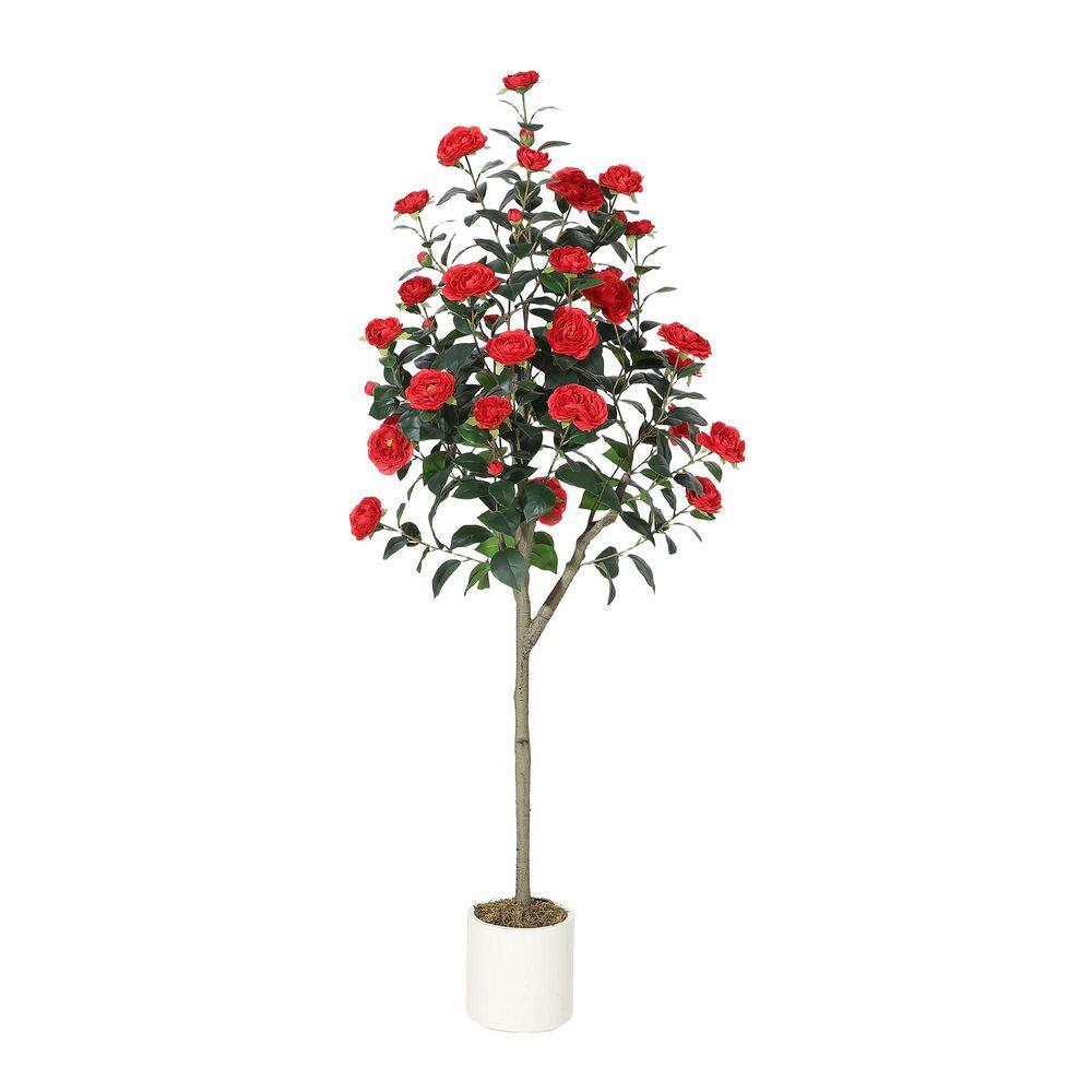 5 ft. Artificial Topiary Tree in Planter, Lifelike Foliage and Blooms, UV Resistant for Indoor and Outdoor Use, Red