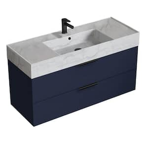 Derin 47.64 in. W x 18.11 in. D x 25.2 in. H Modern Wall Mounted Bathroom Vanity in Night Blue with White Ceramic Top