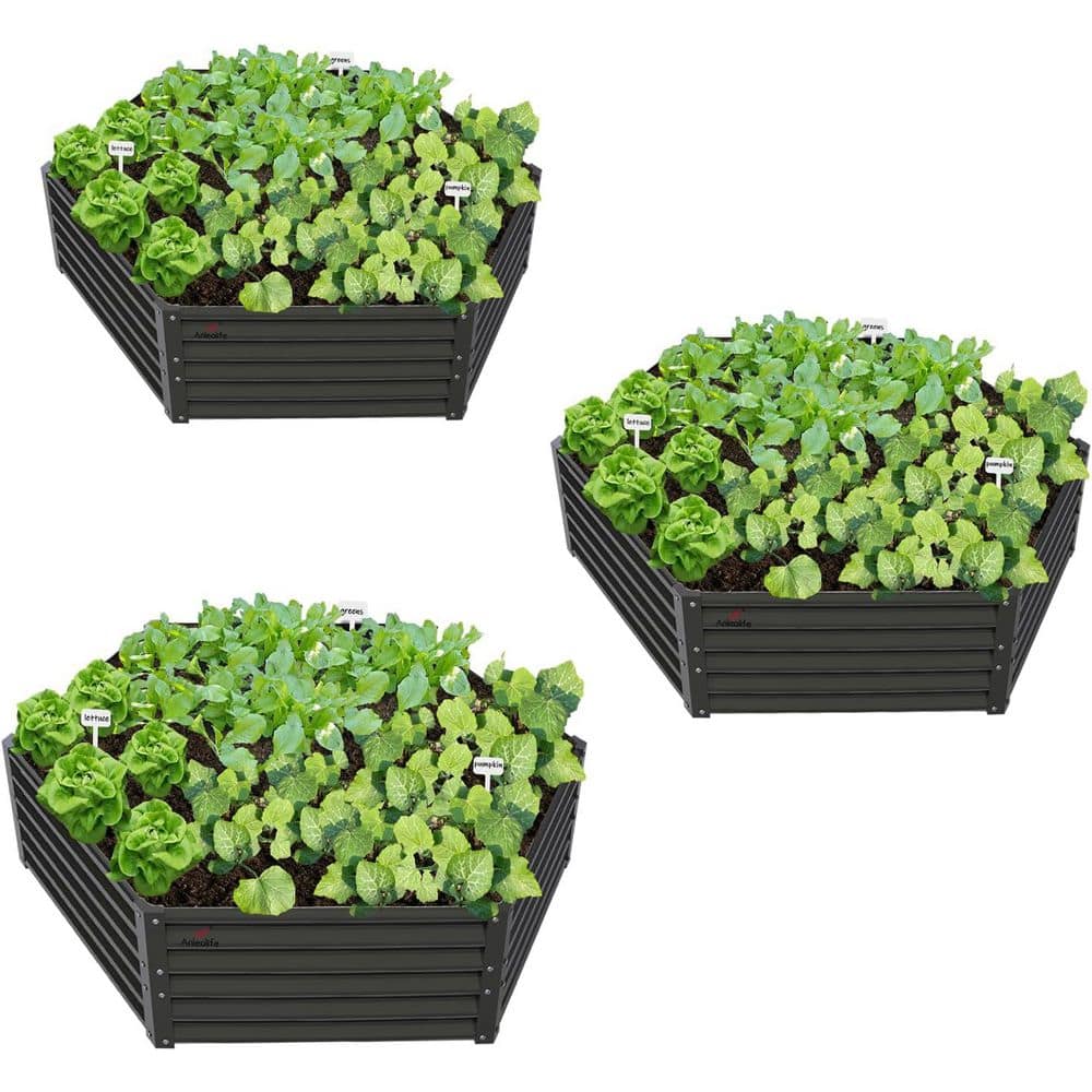 Outdoor Gray Hexagon Galvanized Raised Garden Beds, 70 x 60 x 18 in Metal P