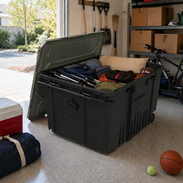 Husky 170 Gal. Pro Grip Storage Tote in Black with Army Green Lid