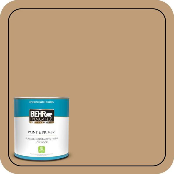 BEHR PREMIUM PLUS 1 qt. #300F-4 Almond Toast Satin Enamel Low Odor Interior Paint & Primer
