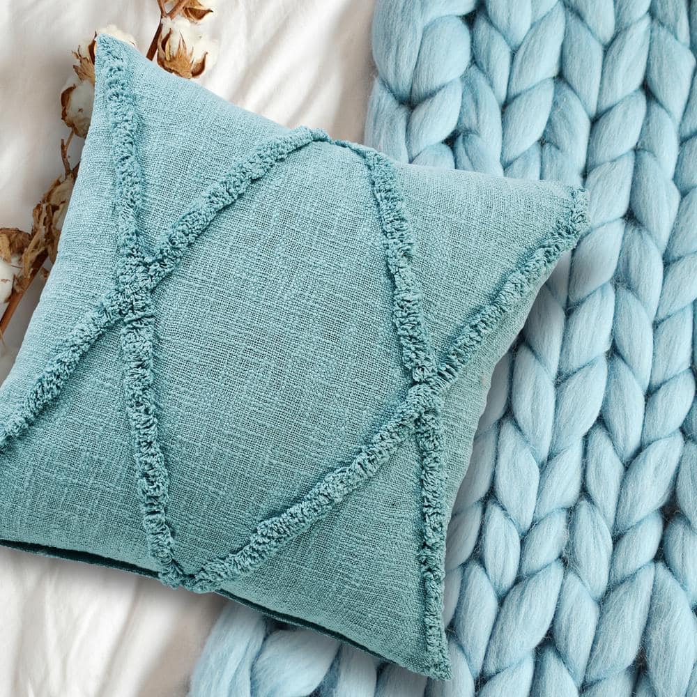 Blue Tufted Cotton Square Throw Pillow Set