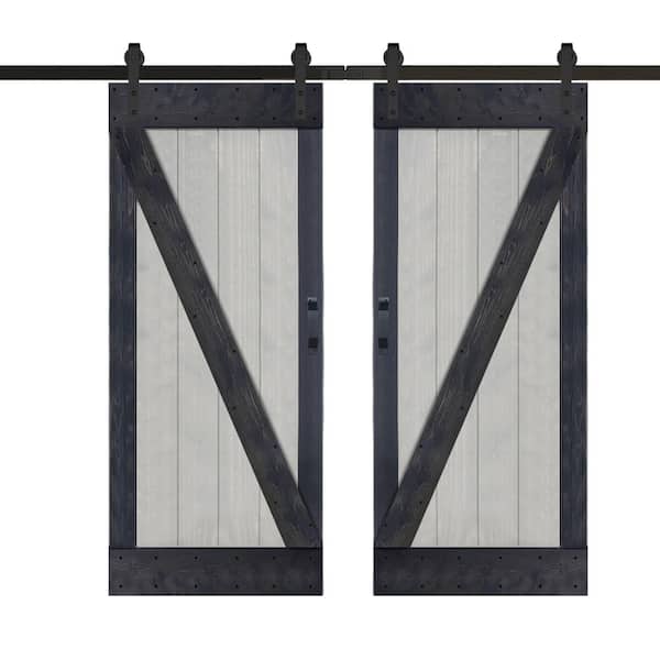 ISLIFE Z Series 36 in. W x 84 in. H x 2 Panels French Gray/Carbon Gray Finished Solid Wood Sliding Barn Door with Hardware Kit