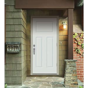 30 in. x 80 in. 3-Panel Craftsman White Painted Steel Prehung Left-Hand Outswing Front Door w/Brickmould