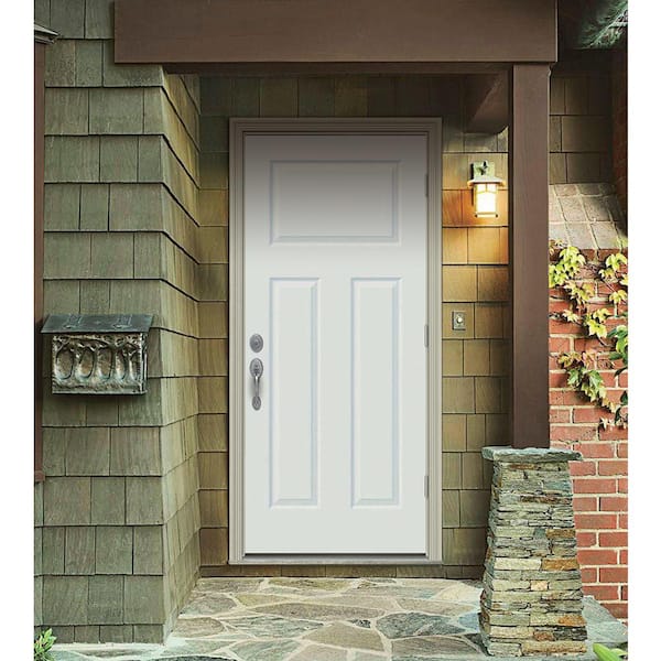 30 in. x 80 in. 3-Panel Craftsman White Painted Steel Prehung Left-Hand Outswing Front Door w/Brickmould