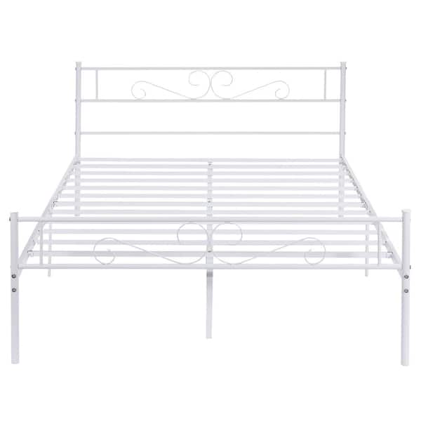 VECELO Victorian Bed Frame, White Metal Frame Full Platform Bed No Box Spring Needed Heavy Duty Bed with Headboard, 54 in. W