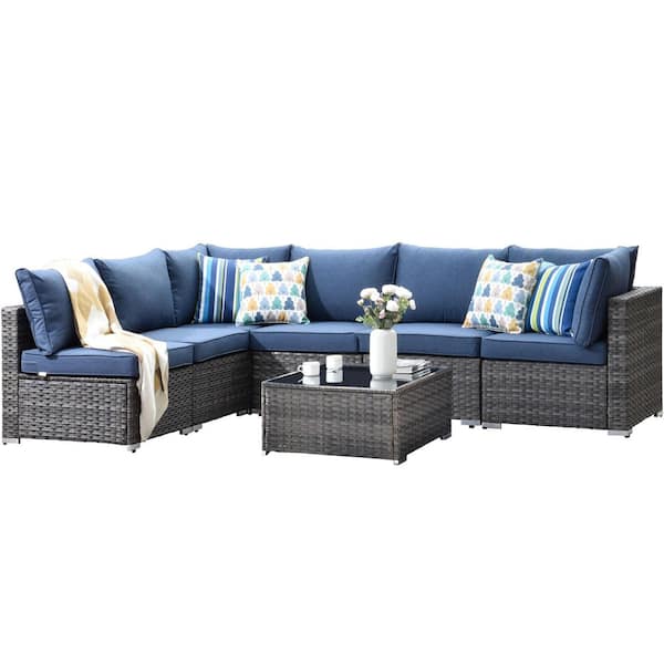 Gemini 7-Piece Wicker Outdoor Sectional Set with Denim Blue Cushions
