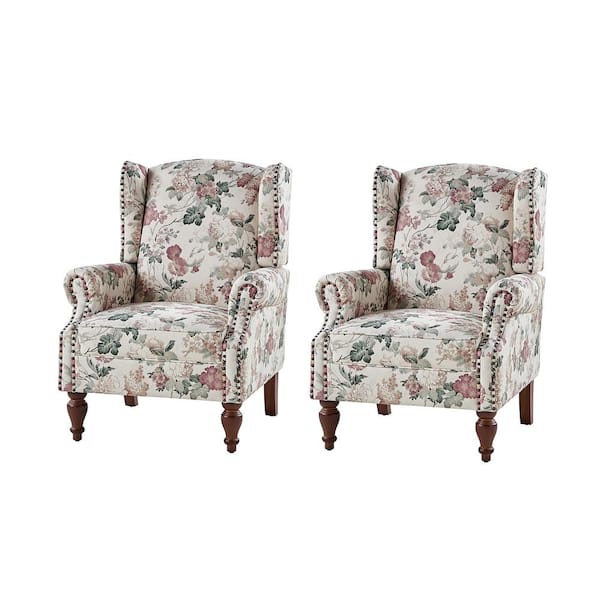 JAYDEN CREATION Gille Traditional Upholstered Wingback Accent Chair with Spindle Legs Set of 2-FLORAL