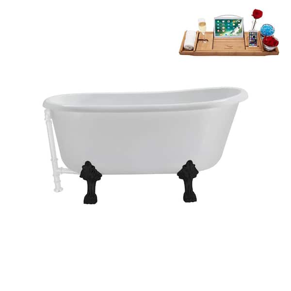 Streamline 57 in. Acrylic Clawfoot Non-Whirlpool Bathtub in Glossy White with Glossy White Drain and Matte Black Clawfeet