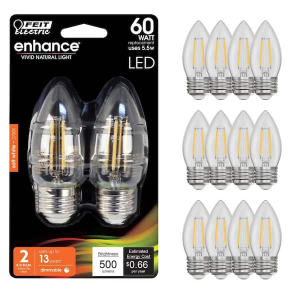 60-Watt Equivalent B10 Medium E26 Base Dimmable Filament CEC 90 CRI Chandelier LED Light Bulb Soft White 2700K (12-Pack)