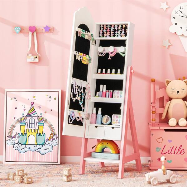 HONEY JOY White Wood Kids Jewelry Armoire Cabinet Freestanding