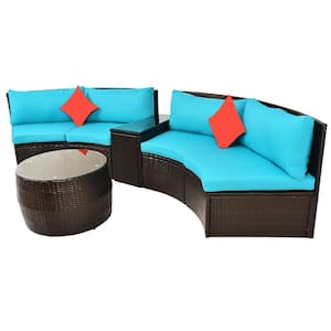 Brown PE Wicker Rattan 4-Piece Outdoor Half-Moon Sectional Furniture Patio Sofa Set with Pillows, Table & Blue Cushions