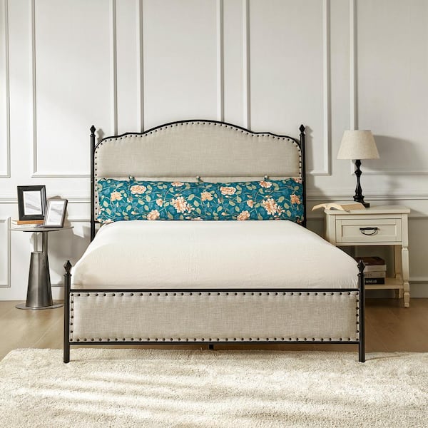 Sergio Blue Transitional Upholstered Platform Metal Bed Frame Four Poster Bed with High Headboard and Pillow