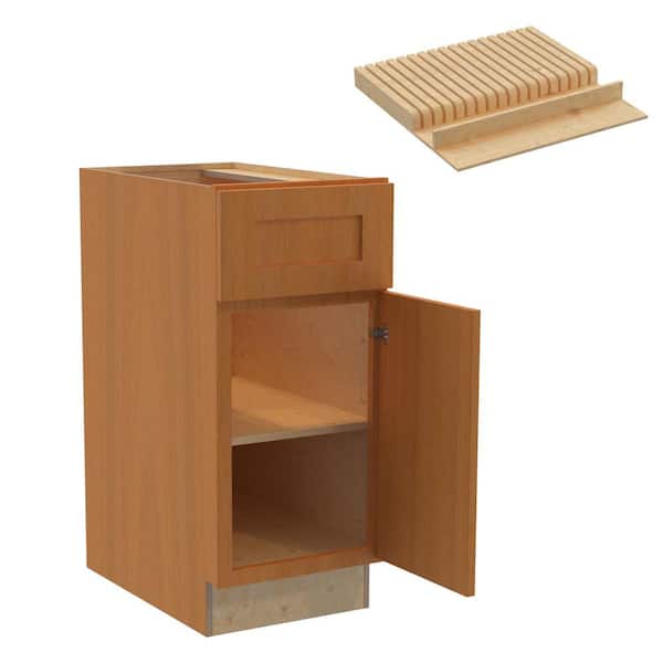 Home Decorators Collection Newport 15 in. W x 24 in. D x 34.5 in. H Assembled Plywood Base Kitchen Cabinet in Cinnamon with Knife Block Soft Cls RH
