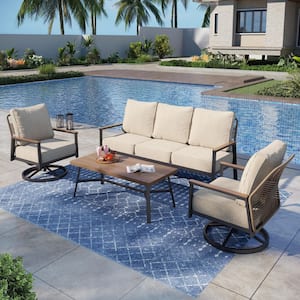 Black 4-Piece Metal Outdoor Patio Conversation Seating Set with Beige Cushions and Swivel Chairs