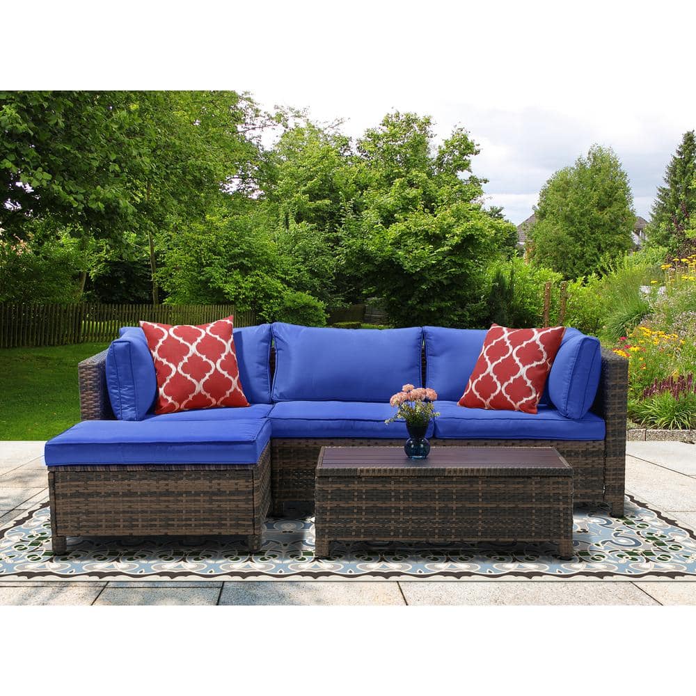 EDYO LIVING 3Piece Wicker Patio Sectional Seating Set with Bule Cushions CY1904BL The Home Depot